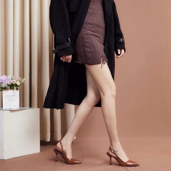 Women Brown Patent Satin Pointed Closed Toe Slingback Mid Heels Stiletto Pumps - Picture 8 of 9